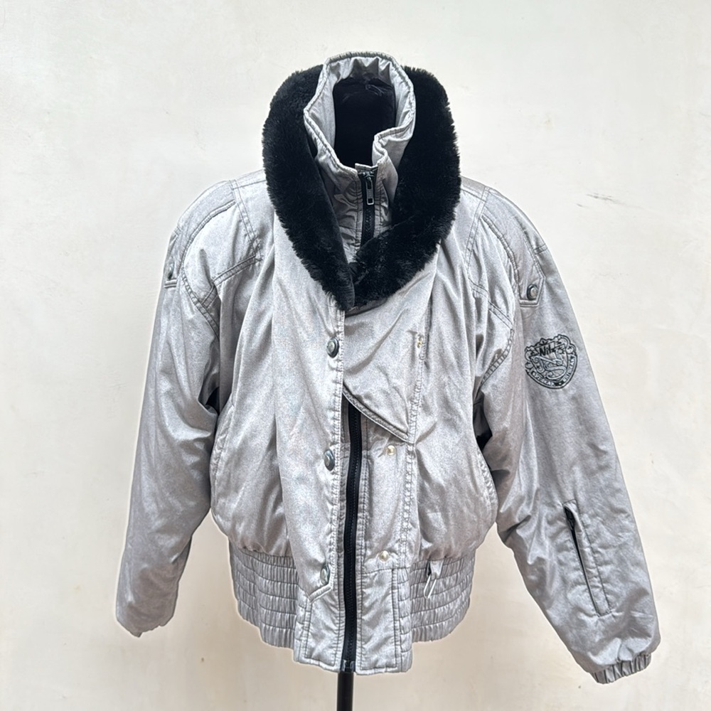 Vintage ski NILS 80s 90s Silver Shimmer Jacket Black Faux Fur Goose Down Puffer
